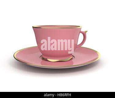 Isolato porcellana antica rosa tazza da tè sul piattino con bordatura in oro su sfondo bianco. Stoviglie vintage. 3D'illustrazione. Foto Stock