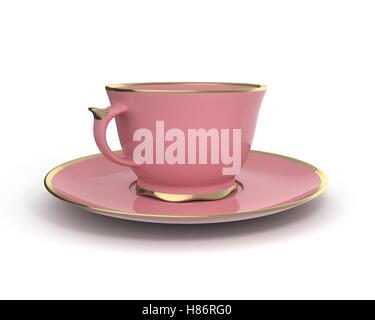 Isolato porcellana antica rosa tazza da tè sul piattino con bordatura in oro su sfondo bianco. Stoviglie vintage. 3D'illustrazione. Foto Stock