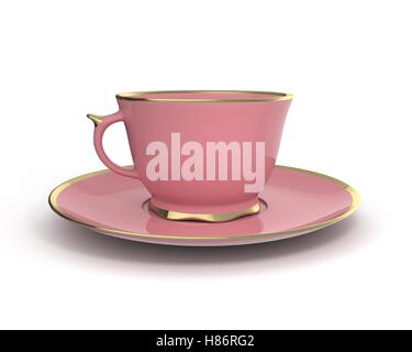 Isolato porcellana antica rosa tazza da tè sul piattino con bordatura in oro su sfondo bianco. Stoviglie vintage. 3D'illustrazione. Foto Stock