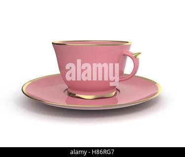 Isolato porcellana antica rosa tazza da tè sul piattino con bordatura in oro su sfondo bianco. Stoviglie vintage. 3D'illustrazione. Foto Stock