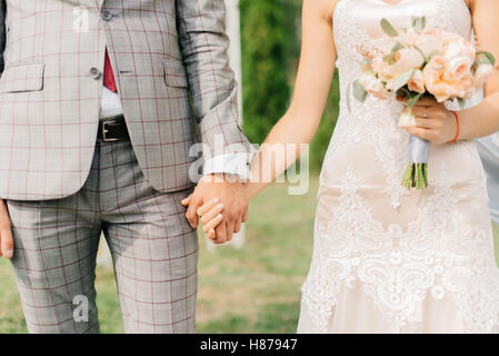 Primo piano dello sposo in plaid abito sposa tenendo la mano Foto Stock