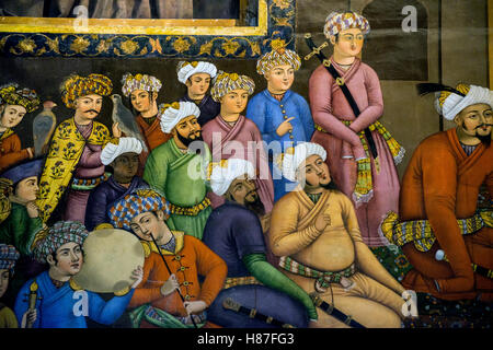 Affresco colorato di quaranta colonne palace di Isfahan Iran Foto Stock