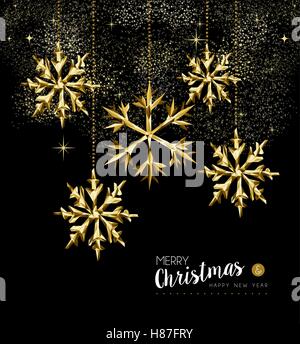 Auguriamo a tutti un Buon Natale e un nuovo anno gold vacanza invernale decorazione, bassa poli di fiocchi di neve sul cielo di fuochi d'artificio. EPS10 vettore. Illustrazione Vettoriale