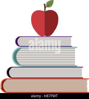 Pila di libri e red icona Apple su sfondo bianco. design colorato. illustrazione vettoriale Illustrazione Vettoriale