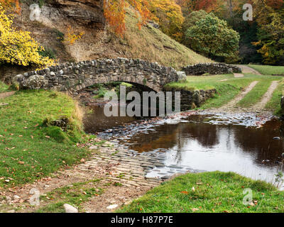 Ponti pedonali sul fiume Skell in sette ponti Valle a Studley Royal Ripon Inghilterra Yorkshire Foto Stock