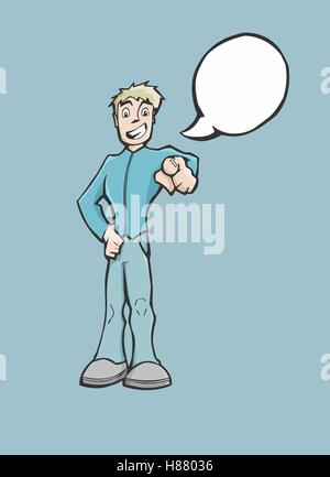 Illustrazione vettoriale di un uomo felice di parlare e di dispositivo di puntamento con discorso bolla e copia spazio su uno sfondo blu Illustrazione Vettoriale