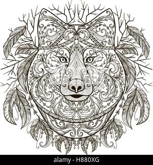 Testa di lupo con tribale ornamento azteca in stile Boho. Arte del tatuaggio Vintage disegnati a mano illustrazione vettoriale. Illustrazione Vettoriale