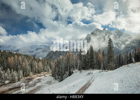 Prima neve nelle Dolomiti, Italia settentrionale. Foto Stock