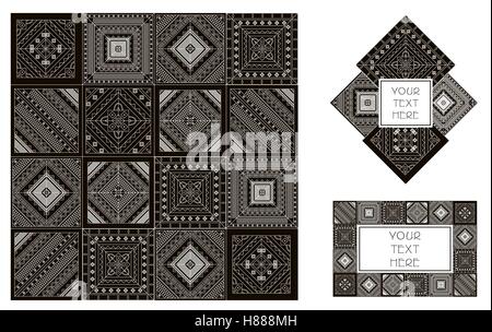 Modello di patch. Boho o tribal style. Geometrica stampa colorata per i tessili. Modello senza giunture. Vettore. Logo design con sfondo. Illustrazione Vettoriale