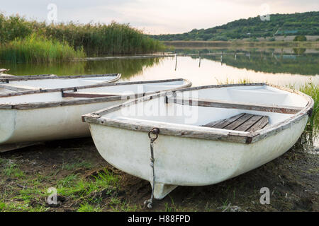 Lago con barche e reed a Tihany, Ungheria Foto Stock