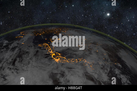 Il pianeta terra di notte con sfondo spazio, rendering 3D Foto Stock