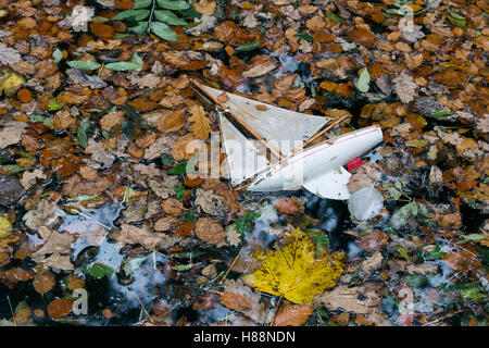 Abbandonato il vecchio stagno vintage yacht su un lago coperto di foglie di autunno Foto Stock