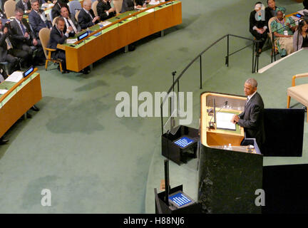New York, Stati Uniti. Settembre 20th, 2016: il Presidente degli Stati Uniti Barack Obama tiene un discorso al dibattito generale della Foto Stock