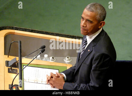 New York, Stati Uniti. Settembre 20th, 2016: il Presidente degli Stati Uniti Barack Obama tiene un discorso al dibattito generale della Foto Stock