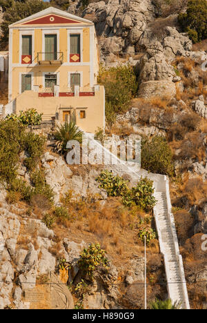 La casa con le lunghe fasi di Yialos, symi, Grecia, Foto Stock