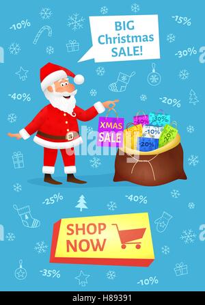 Xmas banner con il pulsante Acquista ora. Vendita poster con piatto divertente uomo vecchio personaggio holding shopping bag su sfondo di Natale. Di Illustrazione Vettoriale