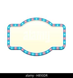 Fustellato 3d luce retrò banner con lampadine splendente. Cartello blu con blu e luci rosse e uno spazio vuoto per il testo. Vintage strada segno Illustrazione Vettoriale