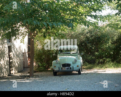 Un verde pastello Citroen 2CV, Deux Chevaux automobile parcheggiata sotto un albero in un giorno caldo nel sud della Francia Foto Stock