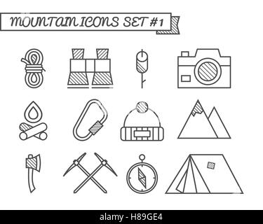 Set di camping, viaggi icone, linea sottile stile, design piatto. Montagna e tema di arrampicata con tenda turistico, ax e altre attrezzature e elementi. Isolato su sfondo bianco. Illustrazione Vettoriale Illustrazione Vettoriale