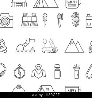 Il Camp, viaggi seamless pattern con linea sottile lo stile dell'icona, design piatto. Montagna e tema di arrampicata con tenda turistico, ax e altre attrezzature e elementi. Isolato su sfondo bianco. Vettore. Illustrazione Vettoriale