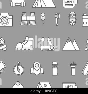 Camping, viaggi seamless pattern con linea sottile lo stile dell'icona, design piatto. Montagna e tema di arrampicata con tenda turistico, ax e altre attrezzature e elementi. Isolato su sfondo bianco. Vettore. Illustrazione Vettoriale