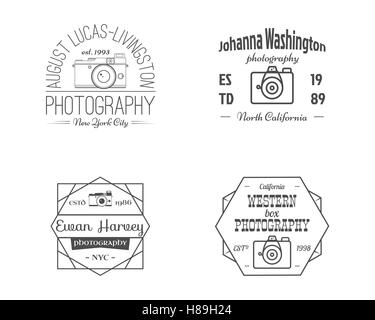 Linea Vintage badge di fotografia, etichette. Design monocromatico con eleganti fotocamere e gli elementi. In stile retrò per foto in studio, fotografo, attrezzature store. Segni, loghi. Illustrazione Vettoriale Illustrazione Vettoriale