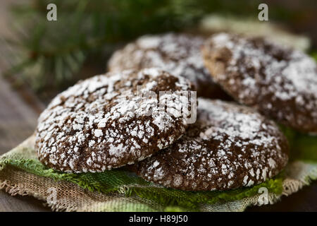 Chocolate crinkle cookies, americane tradizionali biscotti di Natale, fotografati con luce naturale (messa a fuoco selettiva) Foto Stock