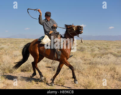 Il kazako cowboy a cavallo di mantecazione sulle pianure di Zhongar montagne Alatau Kazakistan Foto Stock