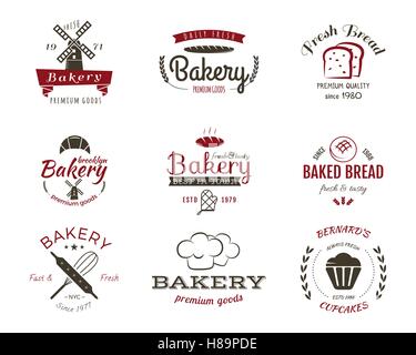Set di etichette da forno, icone, distintivi ed elementi di design, simboli. Pane fresco, torte Logo templates. A 2 colori in stile vintage. Tortina emblema. Illustrazione Vettoriale Illustrazione Vettoriale