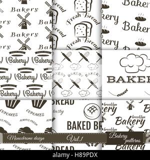 Set di prodotti da forno i modelli senza giunture. Vector cuocere sfondi con elementi di cottura. Pane fresco e dolci e altri simboli per il branding della tua azienda. Illustrazione Illustrazione Vettoriale