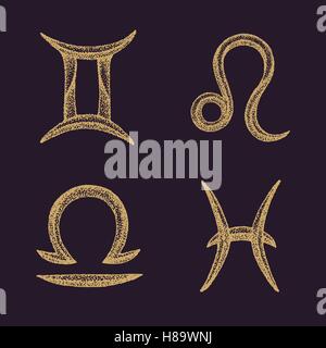 Vettore design dotwork disegnati a mano stile di incisione colore oro Gemini Leo Libra pesci segni zodiacali collezione isolato di colore marrone scuro Illustrazione Vettoriale