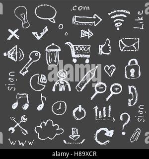 Web icone dipinte su uno sfondo nero in stile chalks. Illustrazione Vettoriale