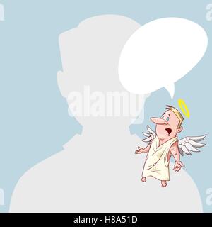 Vuoto avatar maschio o immagine del profilo con angelo coscienza carattere sulla sua spalla consigliandolo. Illustrazione Vettoriale