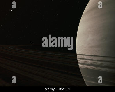 Pianeta Saturno lungo con il suo luna rhea, vicino fino 3D rendering Foto Stock