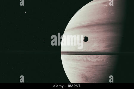 Pianeta Saturno lungo con il suo luna rhea, vicino fino 3D rendering Foto Stock