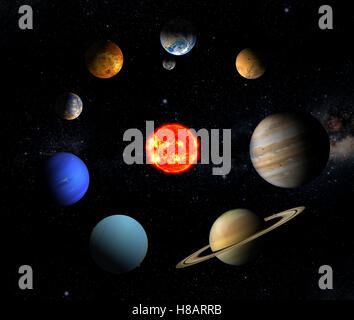 Il sole e gli otto pianeti del nostro sistema orbitante Foto Stock
