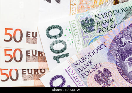 Zloty polacco e euro closeup Foto Stock