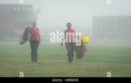 Preparazione del cavallo in una nebbiosa mattina di Windsor Foto Stock