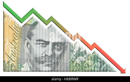 Un denaro bill guardando come un grafico in calo con una freccia rivolta verso il basso che simboleggiano le relazioni economiche. Foto Stock