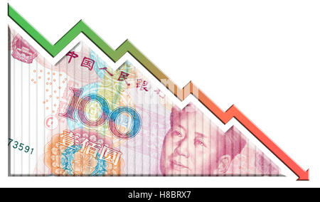 Un denaro bill guardando come un grafico in calo con una freccia rivolta verso il basso che simboleggiano le relazioni economiche. Foto Stock