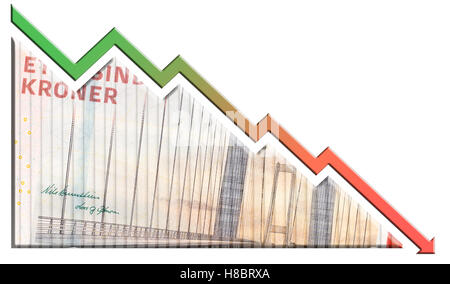 Un denaro bill guardando come un grafico in calo con una freccia rivolta verso il basso che simboleggiano le relazioni economiche. Foto Stock