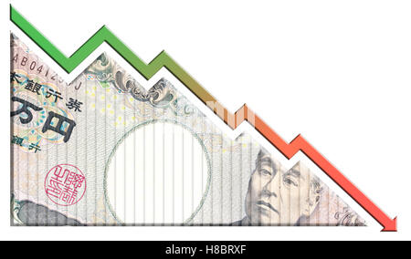 Un denaro bill guardando come un grafico in calo con una freccia rivolta verso il basso che simboleggiano le relazioni economiche. Foto Stock