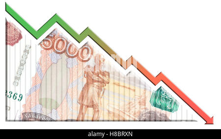 Un denaro bill guardando come un grafico in calo con una freccia rivolta verso il basso che simboleggiano le relazioni economiche. Foto Stock