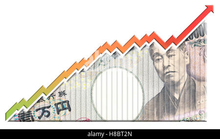 Un denaro bill guardando come un grafico di crescita con una freccia upwardspointing che simboleggiano le relazioni economiche. Foto Stock