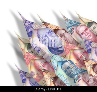 Piani di carta fatta di denaro bollette onedirectional volare verso il cielo Foto Stock