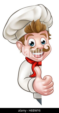 Cartoon chef o baker personaggio dando Thumbs up e spiata intorno a firmare o dello sfondo Foto Stock