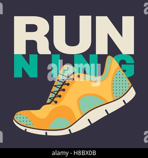 Icona piatto scarpe per la formazione. Sneakers con il testo. Esecuzione di maratona poster. Illustrazione Vettoriale. Illustrazione Vettoriale
