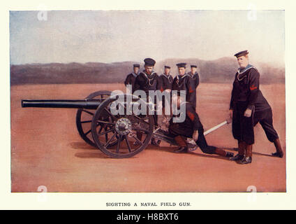 Vintage incisione di British Royal Navy Sailor manning un campo di pistola, durante la Seconda guerra boera.1900 Foto Stock