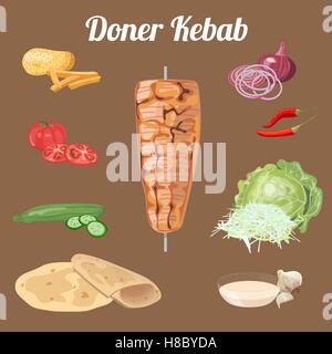 Döner Kebab ingredienti. Carne e verdure. Illustrazione Vettoriale. Illustrazione Vettoriale