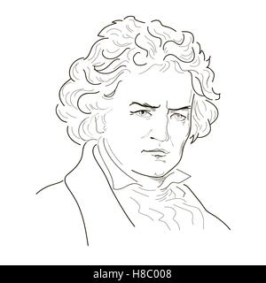 Ludwig van Beethoven. Schizzo illustrazione. In bianco e nero. Vettore. Illustrazione Vettoriale